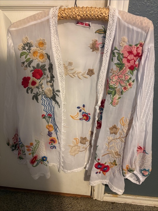 Johnny Was Tops - Johnny Was White Sheer Embroidered Open Front Jacket
